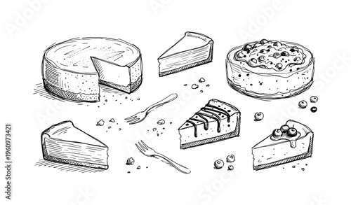 Hand-drawn cheesecake and cake slices with forks and crumbs in black and white