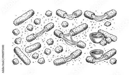 Hand-drawn mozzarella sticks and dipping sauce pattern in black and white