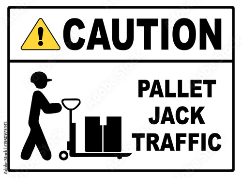 Warning sign showing pallet jack traffic area with worker icon. Used in warehouses and industrial zones. Simple, high-contrast design, isolated on white background, editable vector.