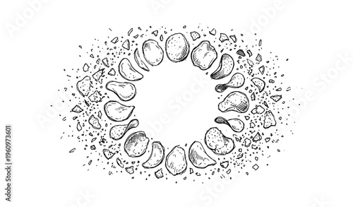Circular arrangement of hand-drawn potato chips with crumbs