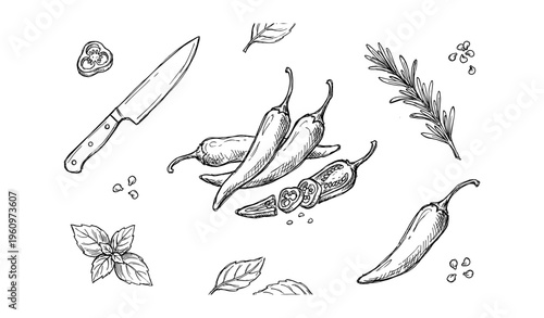 Hand-drawn peppers and herbs with knife on white background