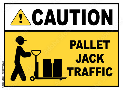 Warning sign showing pallet jack traffic area with worker icon. Used in warehouses and industrial zones. Simple, high-contrast design, isolated on white background, editable vector.