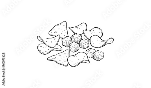 Black and white line art of potato chips and sugar cubes