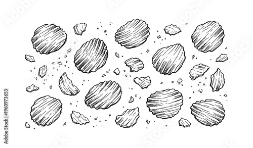 Hand-drawn potato chips and crisps with crumbs floating on white background
