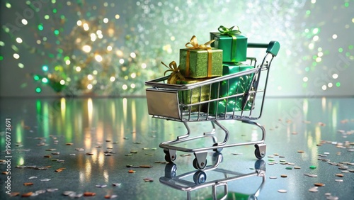 Wallpaper Mural A miniature shopping cart filled with festively wrapped presents sits on a reflective surface amidst scattered confetti, illuminated by a shimmering, celebratory backdrop. Torontodigital.ca