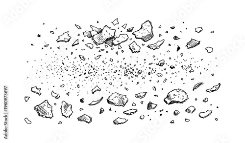 Hand-drawn shattered debris and rocks in motion sketch