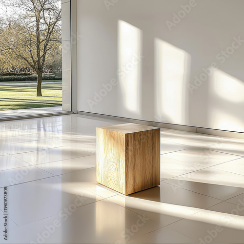 Wooden block sunlight white room modern minimalistic interior, natural light, geometric shape, peaceful atmosphere, empty space