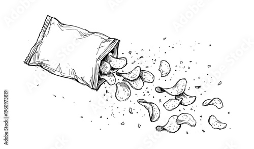 Sketch of open potato chip bag with scattered chips and crumbs