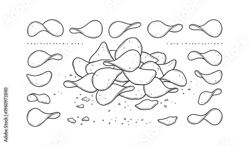 Monochrome illustrations of potato chips in various arrangements with crumbs