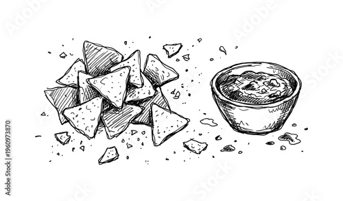 Hand-drawn nachos and salsa sketch with black and white line art