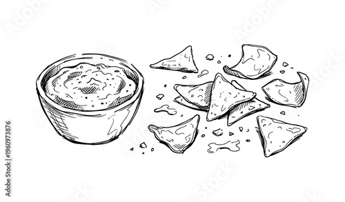 Hand-drawn snack: bowl of dip and tortilla chips with crumbs