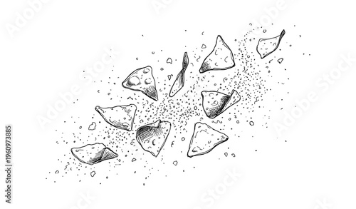 Hand-drawn style nachos scattered on white background with crumbs and texture