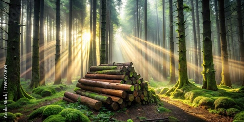 Wallpaper Mural Sunbeams illuminate a mossy forest path, illuminating a neatly stacked pile of harvested logs. Torontodigital.ca