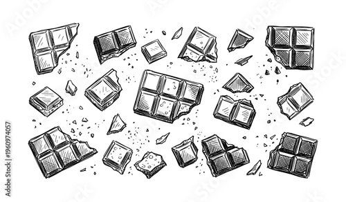 Hand-drawn chocolate bars and pieces scattered with crumbs