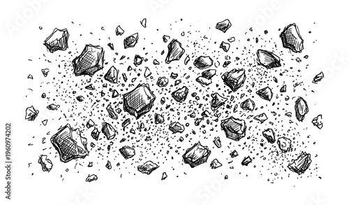 Hand-drawn flying rocks and pebbles in motion illustrating chaos and energy