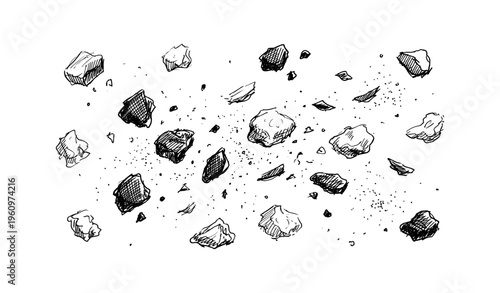 Hand-drawn asteroids and meteorites sketch in black and white