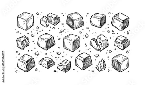 Hand-drawn ice cube sketches in various cracked and whole forms on white background