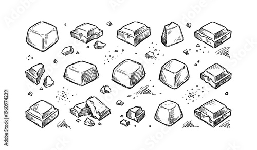 Hand-drawn sketch of assorted stone and rock shapes with shading and detail