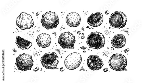 Hand-drawn assorted chocolate truffles and nuts with varied textures