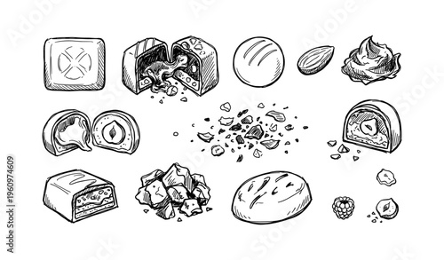 Hand-drawn pastry and confectionery illustrations with cookies and truffles