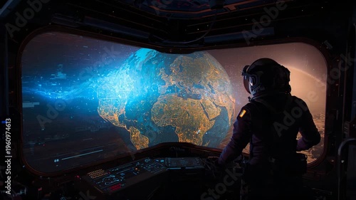 Pilot in cockpit of futuristic spacecraft viewing holographic Earth with data streams image photo