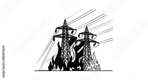 Two power towers engulfed in flames under thick power lines