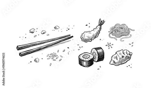 Hand-drawn asian cuisine elements with sushi, noodles, and chopsticks in black and white