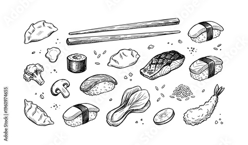 Hand-drawn sushi and asian cuisine elements including fish, dumplings, and vegetables