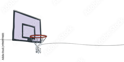Basketball hoop with backboard and net. Continuous line drawing with color accents illustration. Sport equipment and game court concept for design and print.