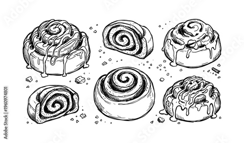 Collection of delicious cinnamon rolls with icing drizzle in ink style
