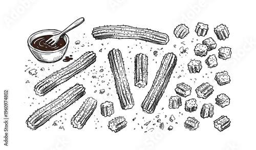 Hand-drawn churros and chocolate sauce with scattered bits on white background