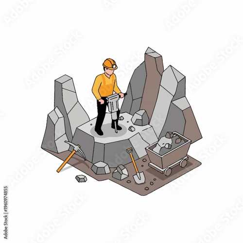 Isometric illustration of a miner using a jackhammer on rocks.