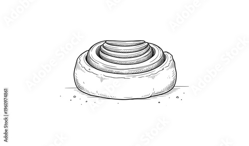 Hand-drawn cinnamon roll sketch with detailed swirls and crumbs
