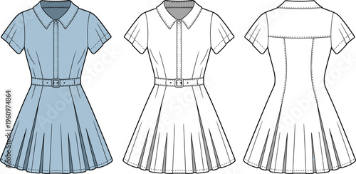 Light blue belted dress flat vector, front and back technical illustration
