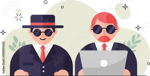 Two men in suits, one with a hat, the other with a laptop