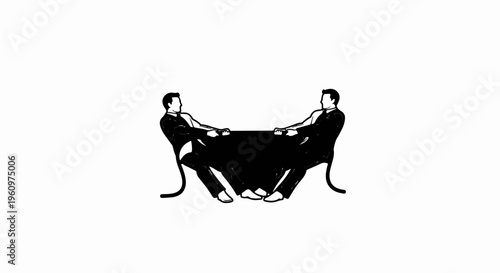 Two men in suits pull on a rope across a black void