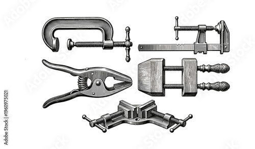 Vintage tool collection: c-clamp, f-clamp, hand clamp, bar clamp, wood clamp set