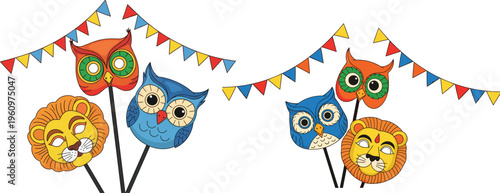 Colorful cartoon animal masks on sticks with festive pennant flags, playful lion and owls party decoration theme for celebration event illustration