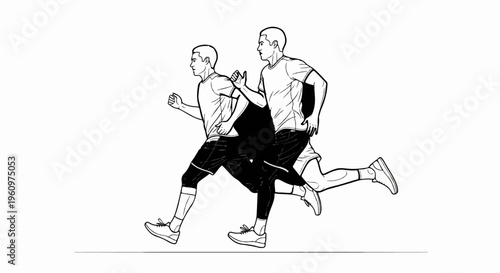 Two men depicted mid-stride, running in unison on a flat surface