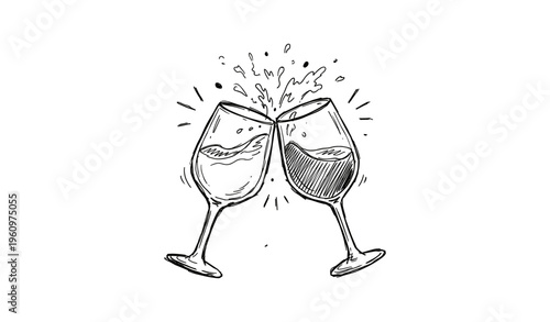 Illustration of two wine glasses clinking with splashing liquid