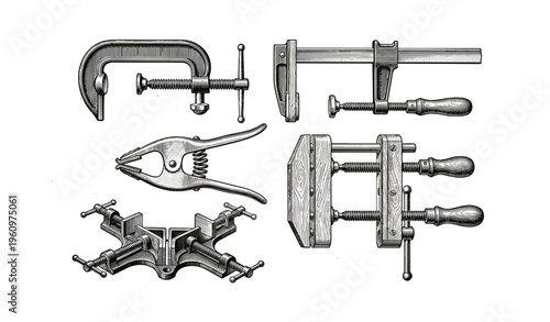 Vintage hand tools set illustration with clamps and pliers
