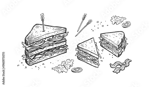 Hand-drawn sandwich illustration with vegetables and bacon on white background