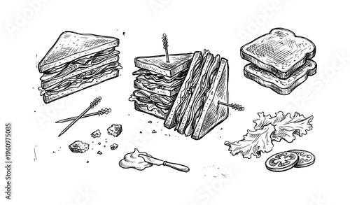 Hand-drawn sketch of various sandwiches with ingredients on white background