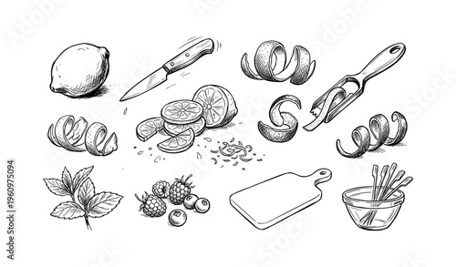Hand-drawn kitchen utensils and citrus fruits with peels on white background