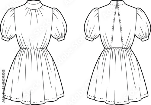 Flat vector puff sleeve dress technical drawing, high neckline flared skirt illustration