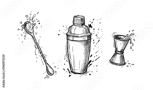Hand-drawn cocktail shaker with spoon and jigger sketch art