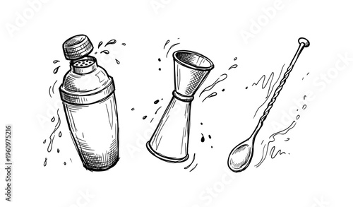 Hand-drawn shaker, jigger, and spoon with water splashes