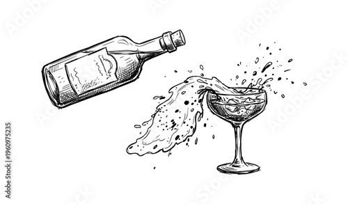 Hand-drawn wine bottle pouring liquid into glass with splash effect