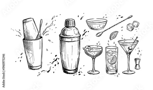 Cocktail shaker and glasses with ingredients: cups, ice, citrus, spoon, art illustration