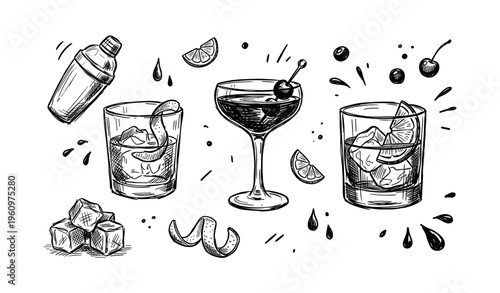 Hand-drawn cocktail illustrations with glasses, shaker, citrus, and cherries